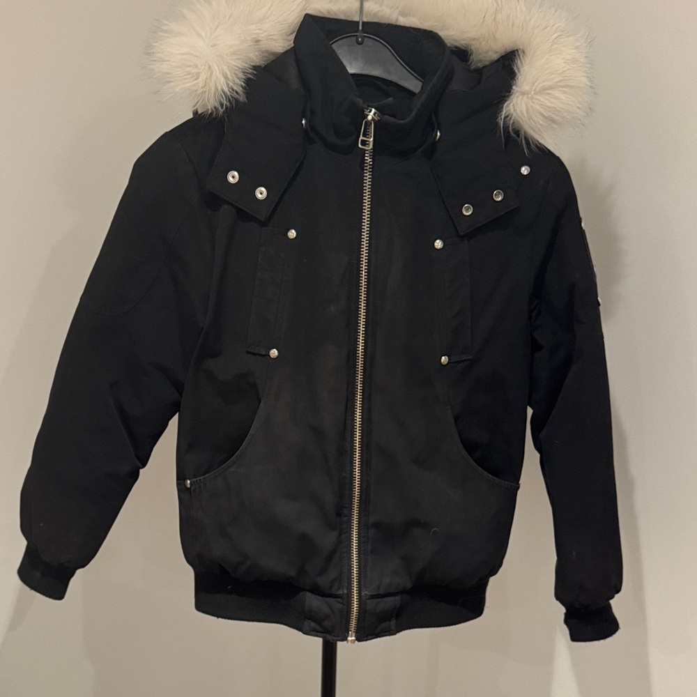Moose Knuckles Black Kids Puffer Jacket with Faux Fur Hood